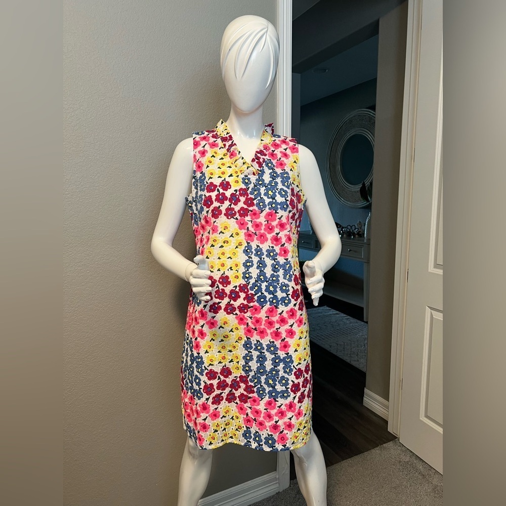 TALBOTS VINTAGE FLORAL RUFFLE-NECK SHIFT DRESS Size 12P